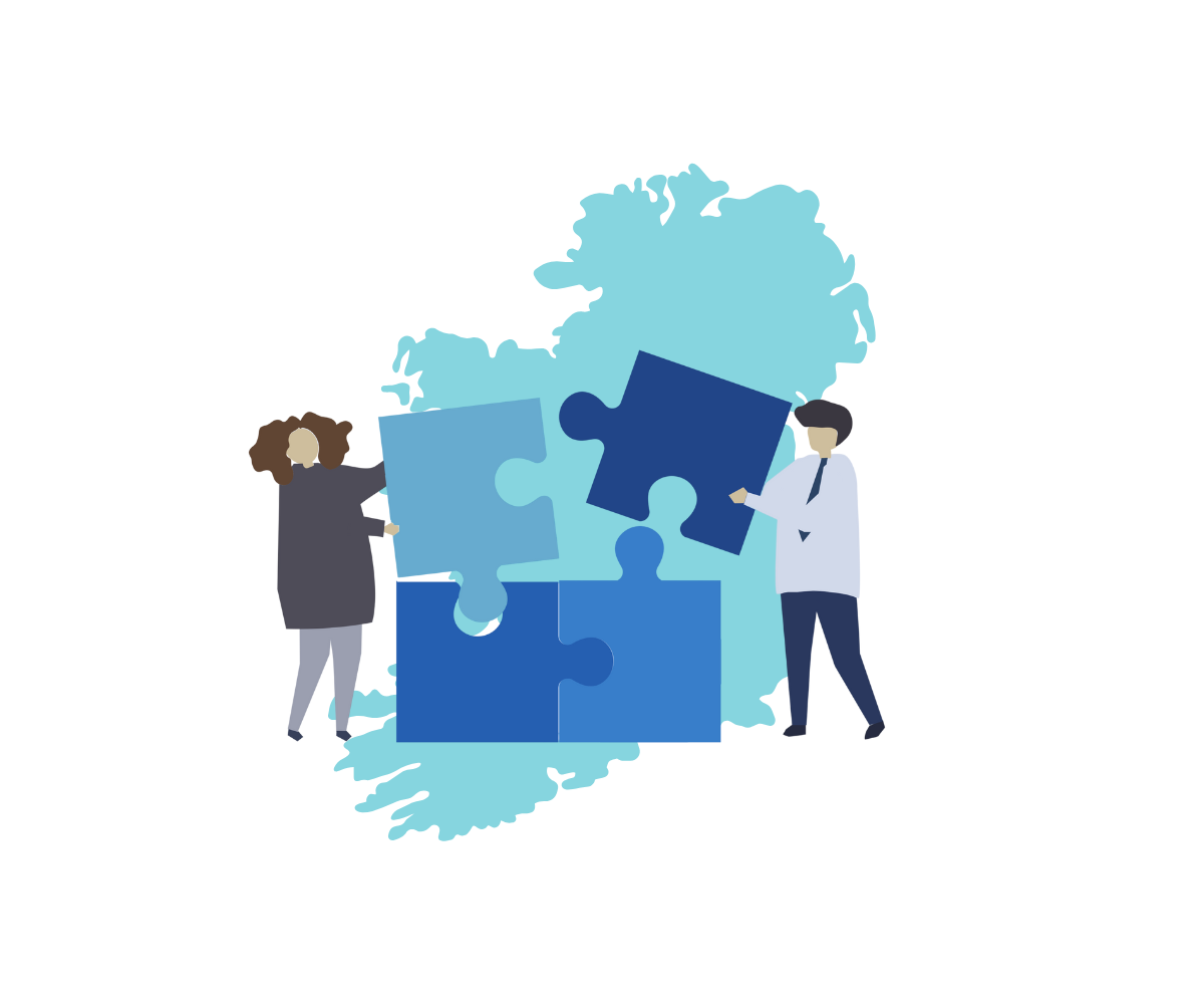 An illustration of people putting together a puzzle overlaid over a map of Ireland